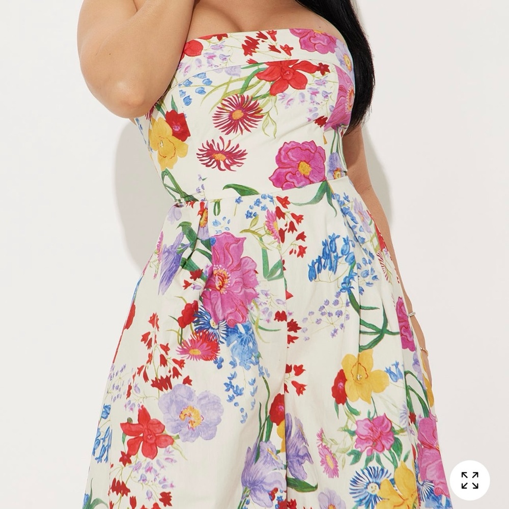 Floral Wide-Leg Strapless Jumpsuit in Cream